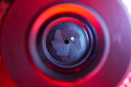 Front view of lens diaphragm cyberpunk colorsの写真素材