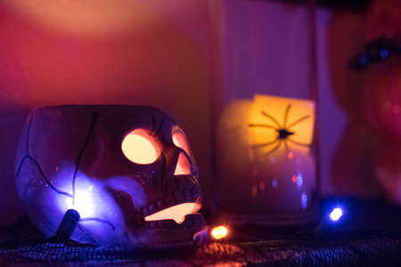 A Skull Candle Holder and Spiderの写真素材