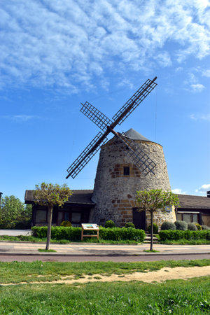 Aixerrota windmill, with blue sky and white clouds. Getxo. Basque Country. Spainの写真素材