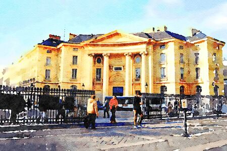 watercolor representing the main facade of one of the universities of Parisの写真素材