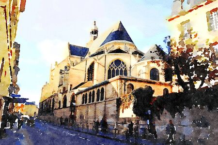 watercolor representing one of the churches in the center of Parisの写真素材