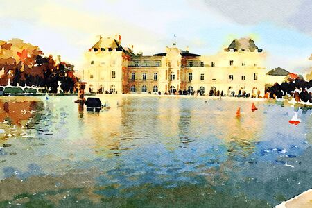 watercolor representing the palace at the fountain gardens in central Paris in the autumnの写真素材