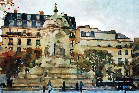 watercolor representing one of the squares in the center of Parisの写真素材