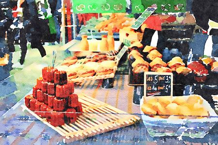 watercolor representing sweets at the Paris food market in autumnの写真素材