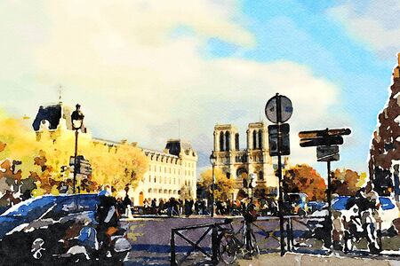 watercolor representing the view of the cathedral of Notre Dame from one of the squares of Paris in the autumnの写真素材