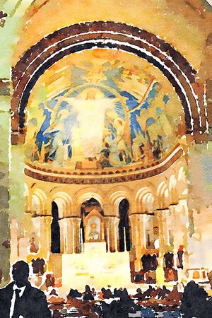 Watercolor representing one of the interiors of the church of the Sacre Couer in the Montmartre...