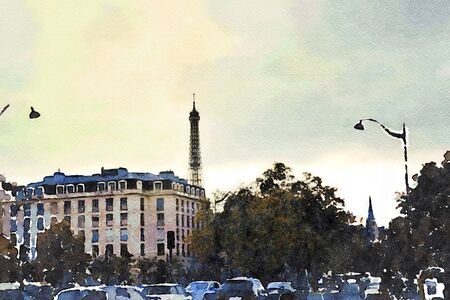 Watercolor representing a glimpse of the Eiffel Tower from a square in Paris in autumnの写真素材