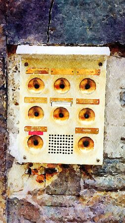 Watercolor representing an interphone at the entrance of an ancient building in the historic center...