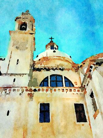 Watercolor which represents a glimpse of one of the cathedrals in the historic center of Veniceの写真素材