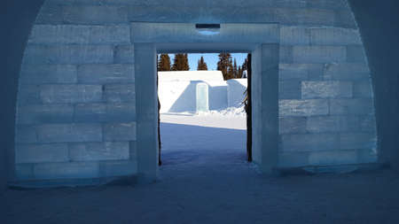 Jukkasjarvi, Sweden, February 27, 2020. The main door seen from inside the ice hotel in northern...