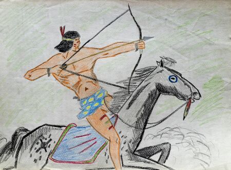pastel colored drawing depicting a Native American on horseback ready to shoot an arrowの写真素材