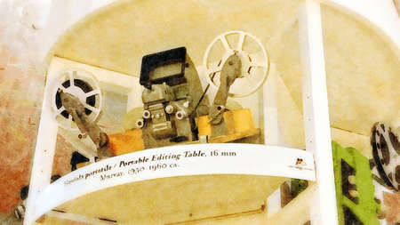 Turin, Italy, July 22, 2019. Museum of cinema, an ancient apparatus for editing films dating back to 1900のeditorial素材