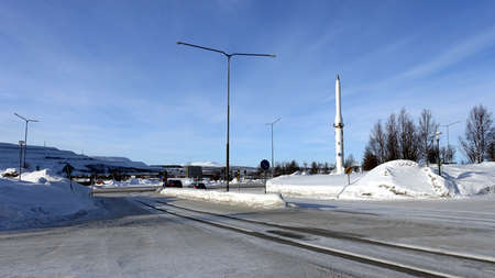 Kiruna, Sweden, February 23, 2020. The Maxus missile placed in one of the squares in the snowy...