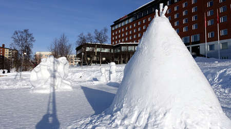 Kiruna, Sweden, February 23, 2020. Art, ice sculptures in a square in the snowy center of Kiruna in...