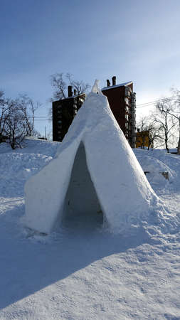 Kiruna, Sweden, February 23, 2020. Art, ice sculptures in a square in the snowy center of Kiruna in...