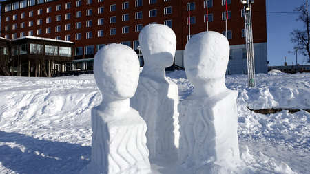 Kiruna, Sweden, February 23, 2020. Art, ice sculptures in a square in the snowy center of Kiruna in northern Sweden during the winterのeditorial素材
