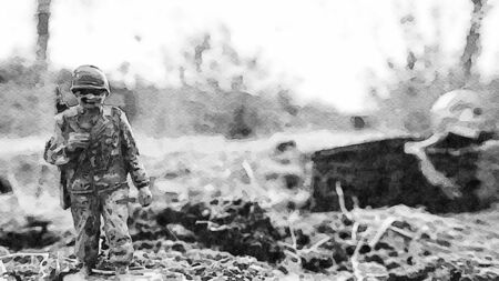 Watercolor representing a soldier and death. At the dawn of a new era, the soldier leaves the war...