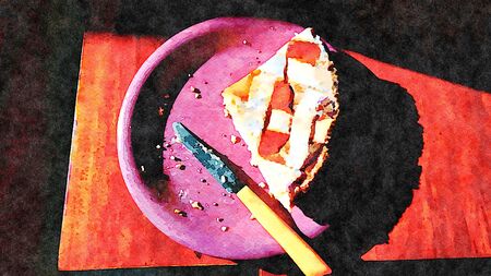 watercolor representing a large slice of traditional Italian dessert in a plate with the knife used for cutting alongsideの写真素材