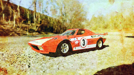 Watercolor representing a historic red Italian racing car
