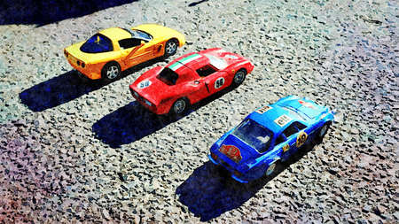 Watercolor representing three famous racing cars. One red, one yellow and one blue