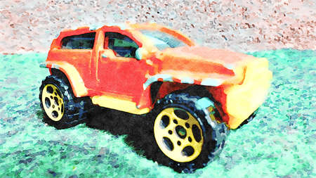 Stockholm, Sweden, April 16,2020. Watercolor representing an orange and yellow off-road carのeditorial素材