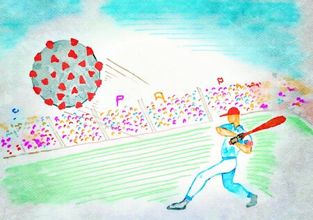 markers and watercolors on white paper representing an American baseball player who sweeps away the covid-19 virus with his batの写真素材