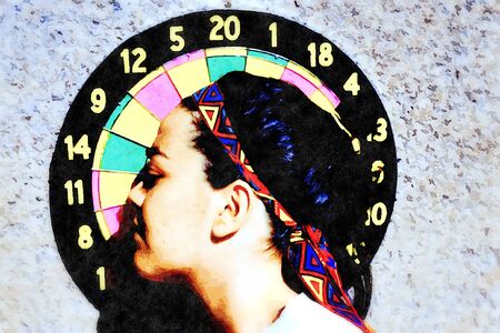 Watercolorstyle picture representing the profile of a young woman leaning on a dartboardの写真素材