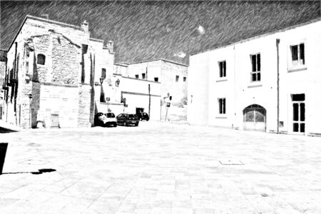 computerized black and white drawing that represents a glimpse of one of the squares in the historic center of Lecce in Italyの写真素材