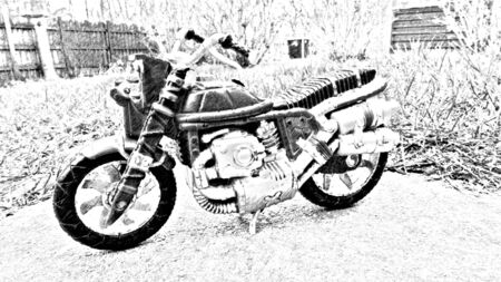 Computerized black and white drawing representing a parked custom motorcycle.の写真素材