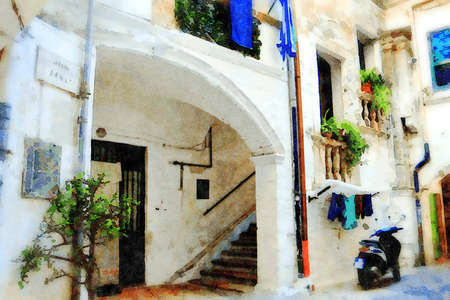 watercolorstyle representing an ancient palace in an alley in the historic center of Bari in Puglia Italyのeditorial素材