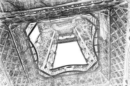 Digital drawing style representing a bottom view of the Eiffel Tower in Parisの写真素材