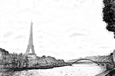 Digital drawing style representing a glimpse of the Eiffel Tower in Parisの写真素材