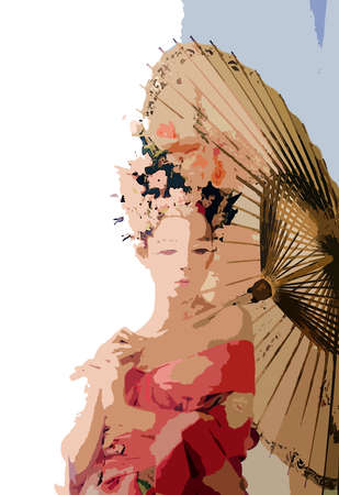 Digital painting style representing a young Japanese woman with a light red dress and a small umbrellaの写真素材