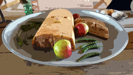Digital color painting style representing a tray with a meat pie with apples and green beans and a tray with boiled eggs in the backgroundの写真素材