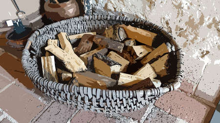 Digital color painting style that represents a large basket full of pieces of firewoodの写真素材