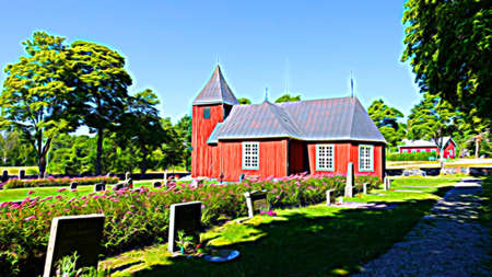 Digital color painting style representing a small church with a small cemetery in the Scandinavian countrysideの写真素材