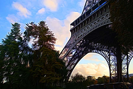Digital color painting style that represents a detail of the arches at the base of the Eiffel Tower...