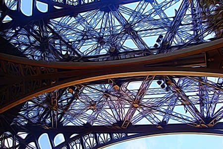 Digital color painting style that represents details of the metal structure of the Eiffel Tower in...