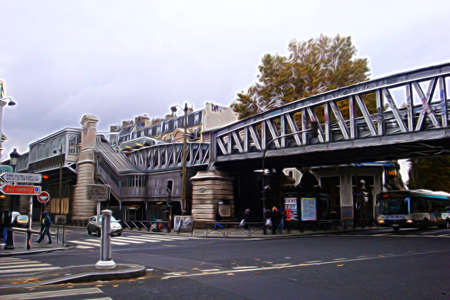 Digital painting style representing an iron bridge over a street in one of the historic districts of...