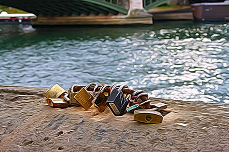 Digital painting representing love locks on the river in Paris during autumn