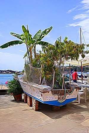Digital color painting style representing a boat with plants inside Procida, outside Naplesの写真素材