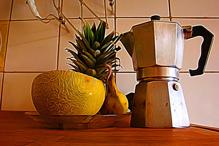 Digital color painting representing a mocha coffee machine, a pineapple and a half melonの写真素材