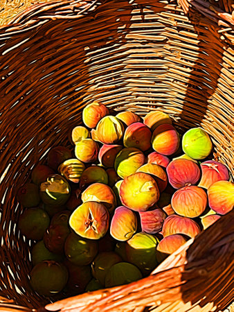 Digital color painting style of a wicker basket with freshly picked ripe figsの写真素材