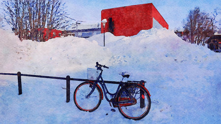 Digital watercolor painting style of a bicycle parked during the winter in northern Scandinaviaの写真素材