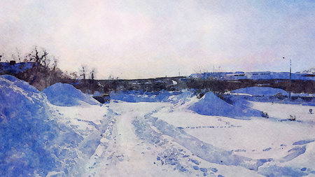 Digital watercolor painting style of an evening glimpse of a road during winter in northern Scandinaviaの写真素材