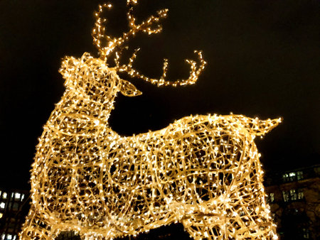 A glowing reindeer at night on the street in Scandinavia in digital oil painting styleの写真素材