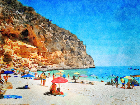 A glimpse of one of the beaches of Sardinia with tourists relaxing in the summer. Digital watercolorsの写真素材