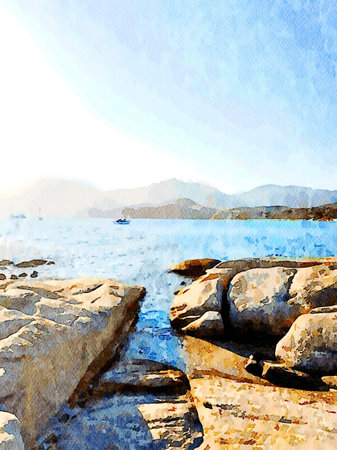 Ships can be seen from the cliffs in Sardinia in summer. Digital watercolors