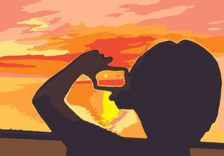 The silhouette of a boy who frames the sun setting over the sea between his fingers. Digital color painting.の写真素材