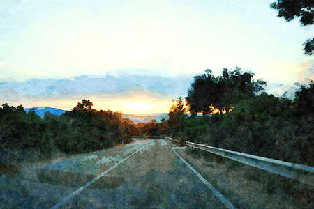 Driving home on the way home at sunset. Digital watercolors painting.の写真素材